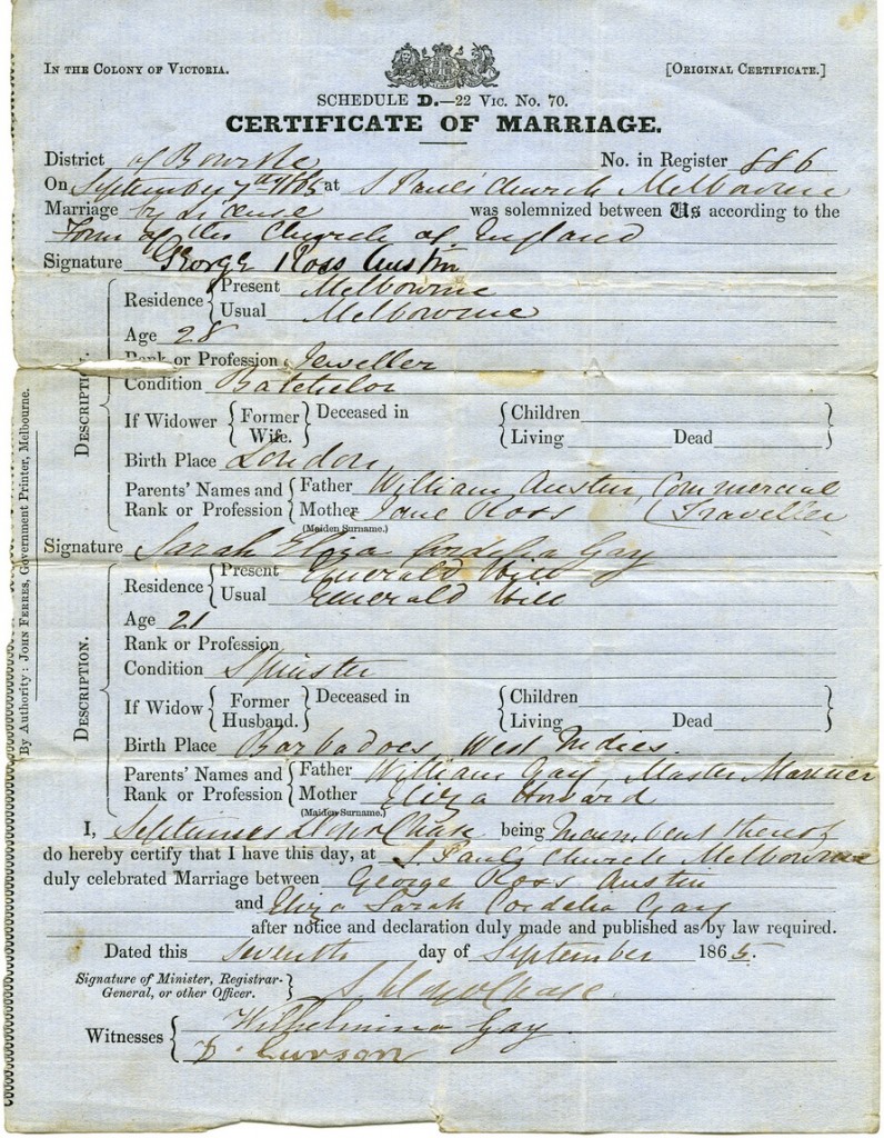Sarah Cordelia Eliza Gay Marriage Certificate