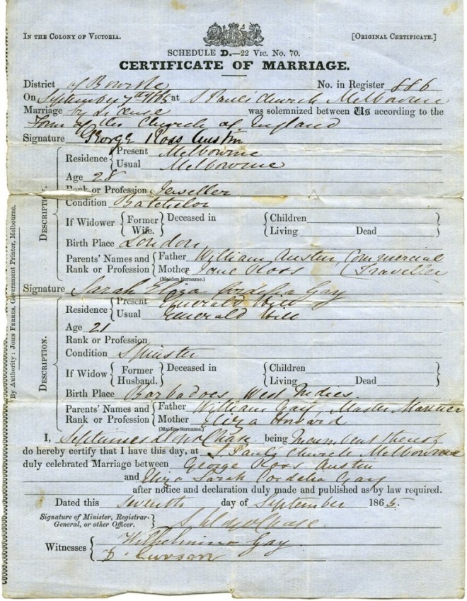 Sarah Cordelia Eliza Gay Marriage Certificate