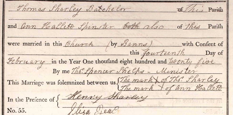 Thomas Sharley and Ann Hallett Marriage.