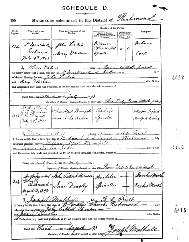 John Lorkin and Mary Donovan Marriage Certificate