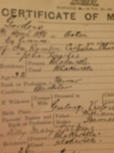 Marriage certificate of Lily and John at Ballan.